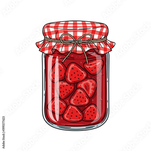 Strawberry jam jar with fabric lid cover in clean hand-drawn vector illustration