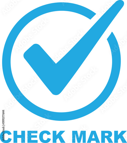 Blue check mark with circular background, and text below circle