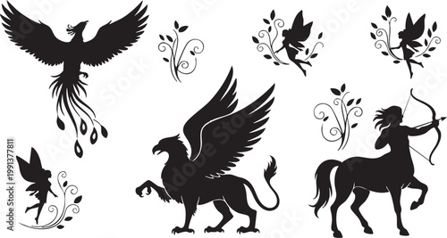 Mythical creatures and floral designs in a black silhouette style
