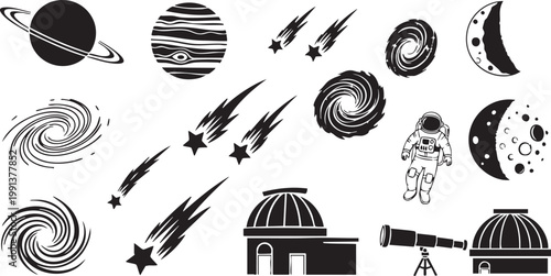 A collection of space elements including planets stars and an astronaut