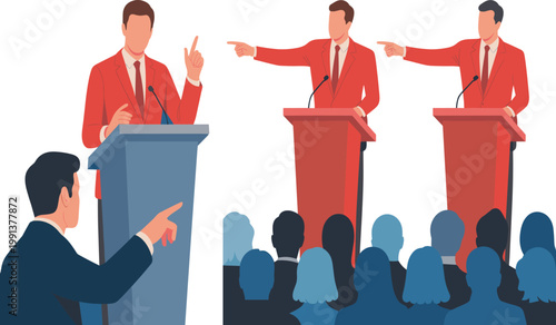 Illustration of political debate and public speaking event with multiple podium speakers, engaged audience, communication, disagreement, leadership, teamwork, and business presentation concept