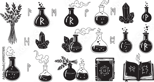 Mystical alchemy set with potions crystals runes and open books