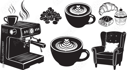 Coffee break illustration featuring espresso pastries and comfortable seating