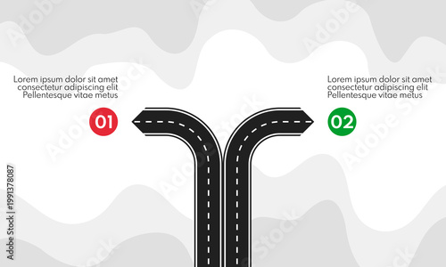 2 different direction road lines, two options infographic template, forked road business strategy concept