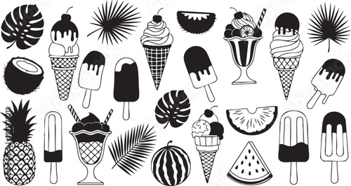Black and white illustration of tropical fruits and frozen desserts