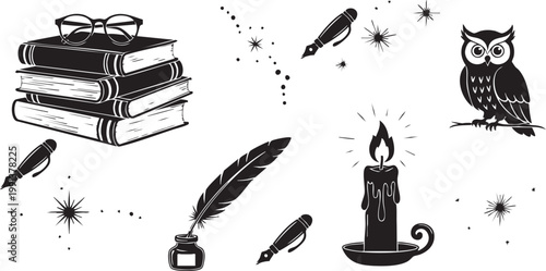 A whimsical arrangement of books an owl and writing implements