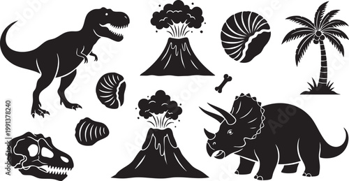 Prehistoric scene featuring dinosaurs volcanoes and fossils in silhouette