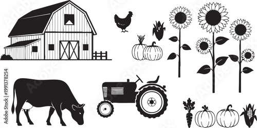 A charming black and white illustration of a farm scene with animals and crops