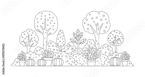 Black and white outline of a garden scene with trees pumpkins and potted plants