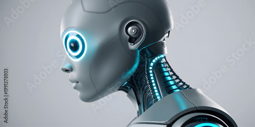 A 3d rendered illustration of a black robotic cyborg hand and android face mask isolated against a dark background as a symbol of science and metal technology art