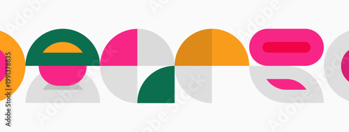 Abstract geometric shapes form colorful text. Overlapping circles create playful letter designs. Minimalist style, bright hues present.