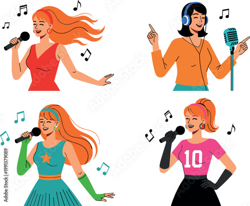 Female singers vector set with modern girls holding microphones and headphones music performance illustration collection