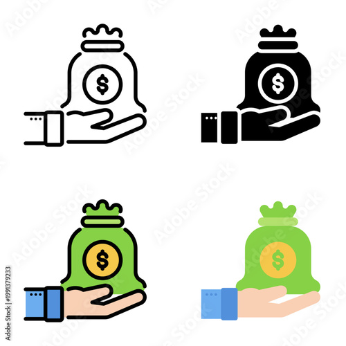Money bag icon collection of various styles for design branding, print and digital media