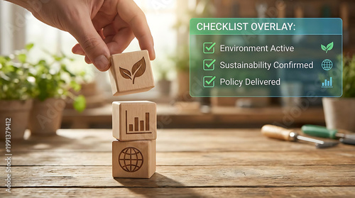 Hand placing wooden block with leaf symbol on stacked eco friendly blocks with graph and globe on a rustic desk with checklist overlay