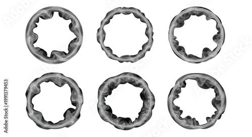 Six grayscale cross-sections displaying complex wavy internal structures, possibly representing fluid dynamics or biological vessels.