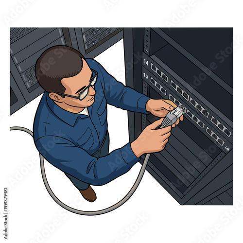 Technician installing cable in server rack
