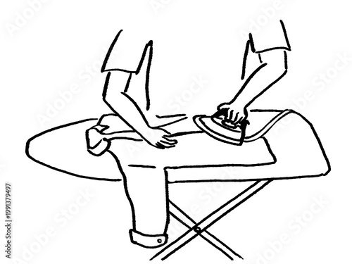 アイロン台でシャツにアイロンをかけて家事をする人物のイラスト Illustration of a person iron a shirt on an ironing board