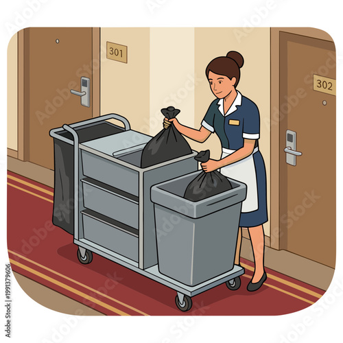 Hotel staff member collecting trash from a cart in a hallway with doors and carpet