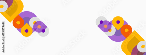 Abstract geometric shapes, circles, squares overlap. Purple, orange hues dominate white background. Minimalist design, modern aesthetic.