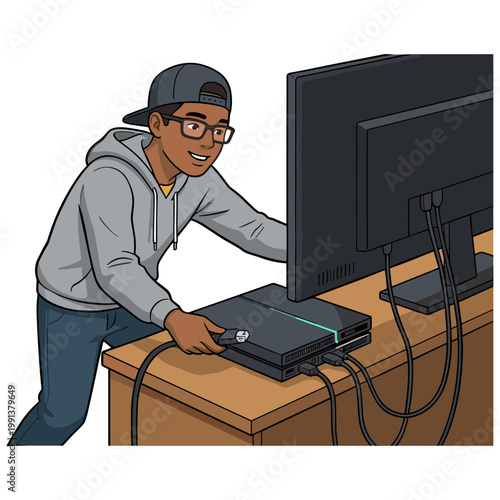 Man wearing glasses and backwards cap using gaming console on computer monitor