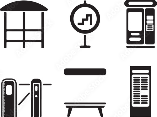 Bus stop and public transport station silhouette icons set shelter bench sign ticket machine