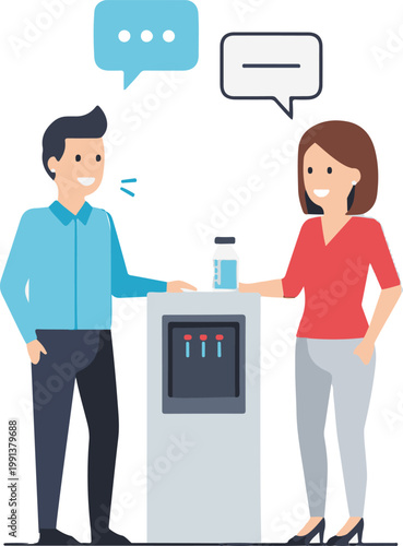 Professional colleagues having a friendly conversation while standing near a water cooler in their modern office during a work break