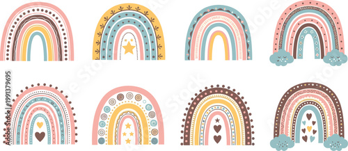 Boho rainbow collection with pastel arches, decorative patterns and cute elements for nursery vector illustration set isolated