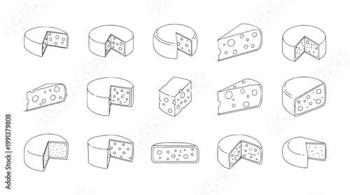 Collection of stylized cheese wedges and wheels with holes food dairy line cutout
