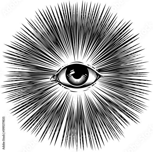 All seeing eye of providence with dramatic light rays radiating sunrays. Vintage woodcut etching style occult symbol with bold contrast and intricate linework.