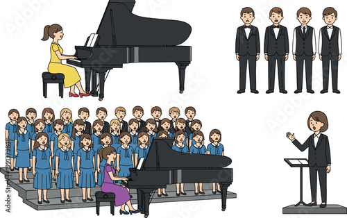 Choir and music performance vector set with pianist conductor singers and choir group concert illustration collection