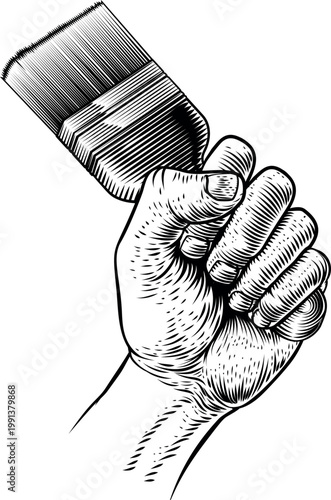 A painter decorator fist hand holding a paintbrush or paint brush brush tool in a vintage retro woodcut engraving style