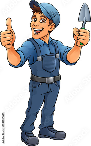 A bricklayer handyman cartoon construction mascot character man holding a trowel tool