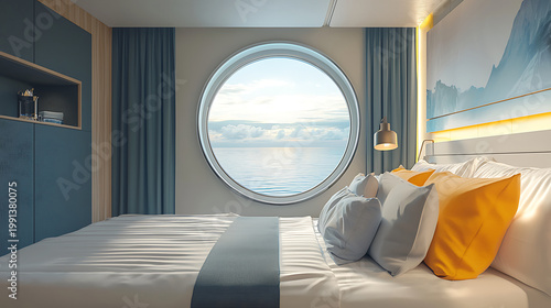 Modern Cruise Ship Cabin with Large Porthole Window and Ocean View.