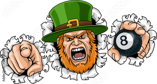 An angry Leprechaun Celtic Irish cartoon character holding billiards pool 8 black ball and pointing sports team mascot illustration.