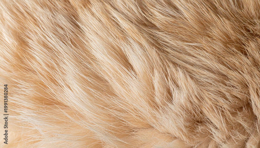 Fototapeta premium Macro background of natural beige fluffy fur texture with warm lighting.