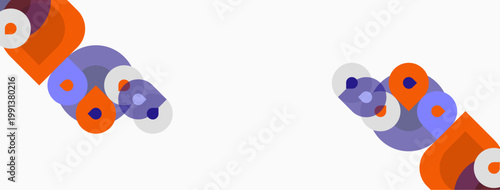 Abstract geometric shapes overlap, creating playful composition. Orange, purple, blue hues dominate neutral background. Minimalist design.