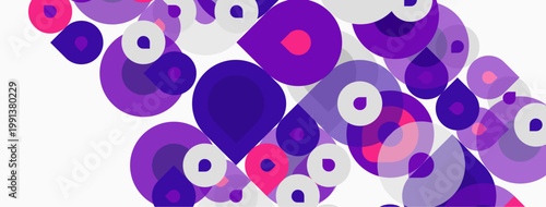 Abstract composition featuring overlapping purple circles, varying sizes, white background. Modern design, playful aesthetic, vibrant hues.