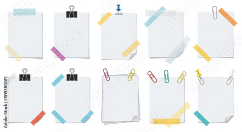 Collection of blank paper sheets attached with clips and tape.
