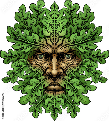 Green Man foliate face ancient symbol of nature and rebirth in vintage woodcut illustration style. A human face made of leaves, plants and foliage.