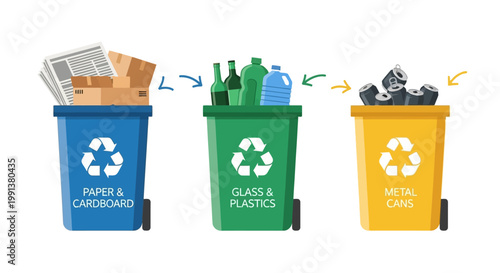 Set of three colorful waste sorting bins with recycled waste materials.