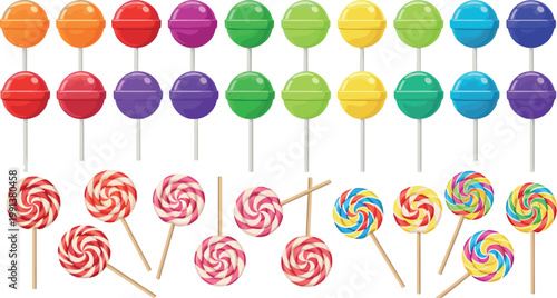 Bright colorful lollipop candies set with swirl patterns and round sweets, festive dessert collection vector illustration isolated