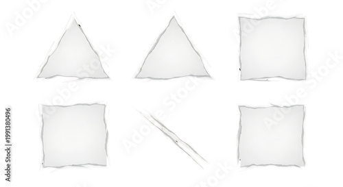 Collection of various white paper shapes with rough, torn edges, including triangles, squares, and a strip, isolated on a white background.