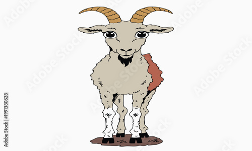 A charming illustration of a light brown goat with curved golden horns