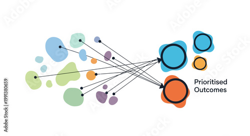 Business strategy, prioritized outcomes, colorful vector infographic elements, workflow optimization, goal setting icons