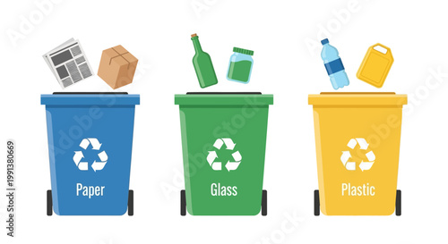 Set of colorful waste sorting bins for recycling paper glass and plastic.