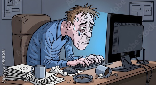 Exhausted Cartoon Businessman Working Late Night at Messy Office Desk Illustration