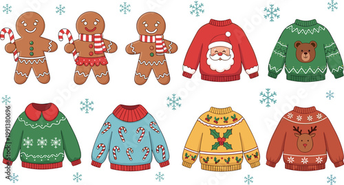Christmas-Themed Gingerbread Cookies and Cozy Sweaters, Fun Holiday Illustrations for Winter