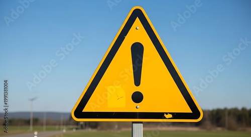 An isolated yellow warning triangle sign with a black exclamation mark symbol serves as a road risk alert and health hazard caution icon to represent a safety problem, stress, or danger concept