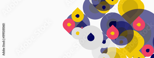 Abstract circles overlap, creating vibrant composition. Yellow, blue, pink hues dominate white background. Modern design element.