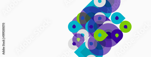 Abstract circles overlap, creating vibrant blue, purple, green shapes. Minimalist design with white background. Modern, dynamic composition.